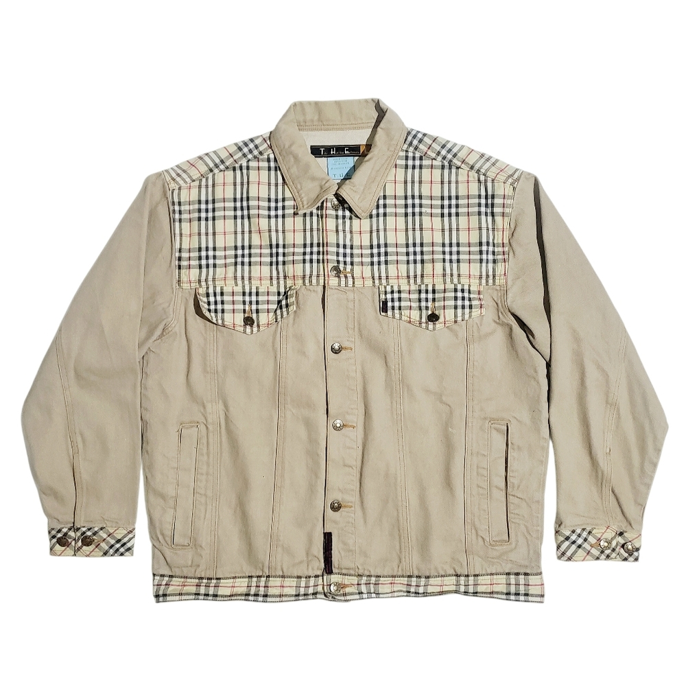 Vintage 90s The Hip Hip Elements Mens Denim/Plaid Trucker Jacket Tan Size Large